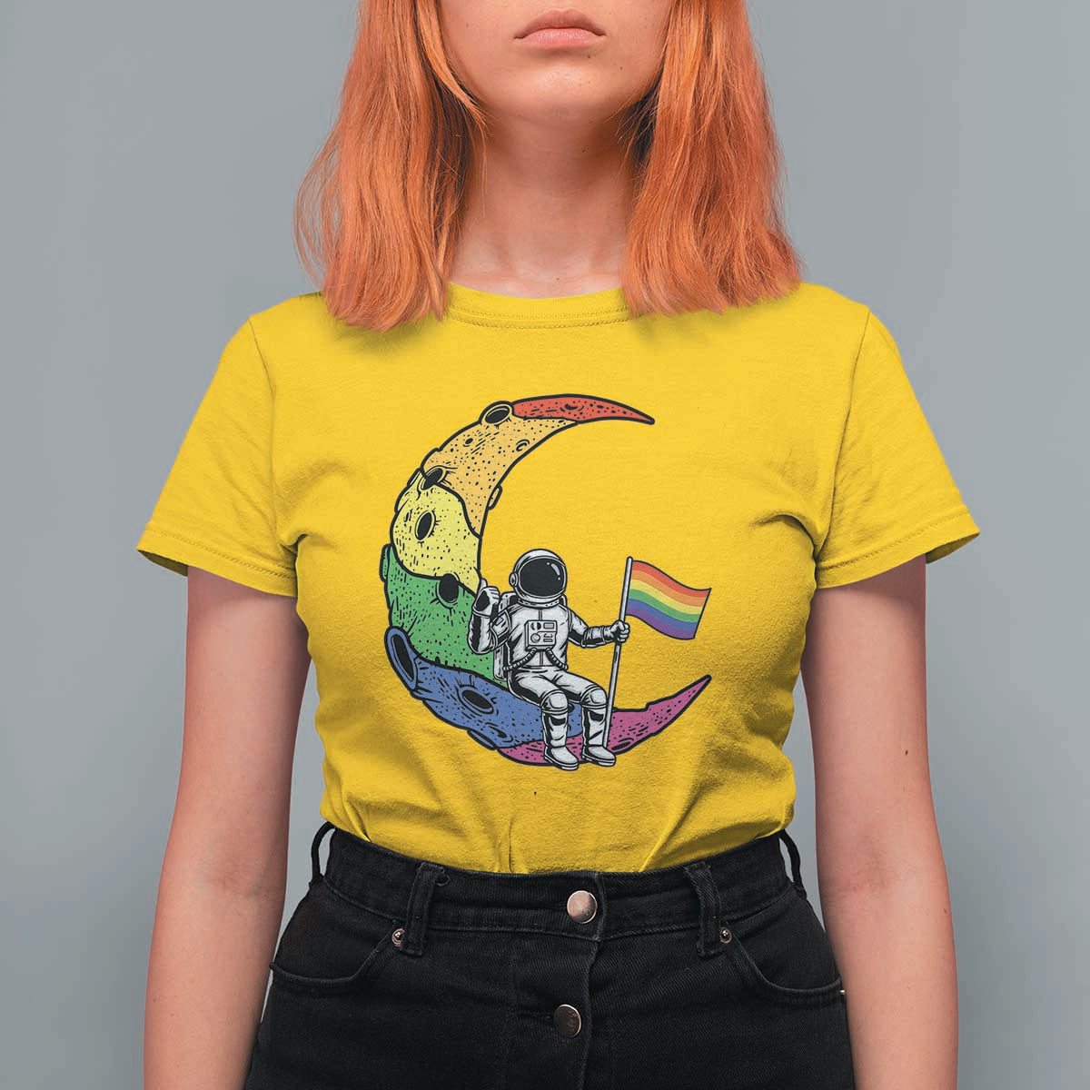 Rainbow Astronaut On The Moon LGBT T Shirt For Women Spaceman Pride Month