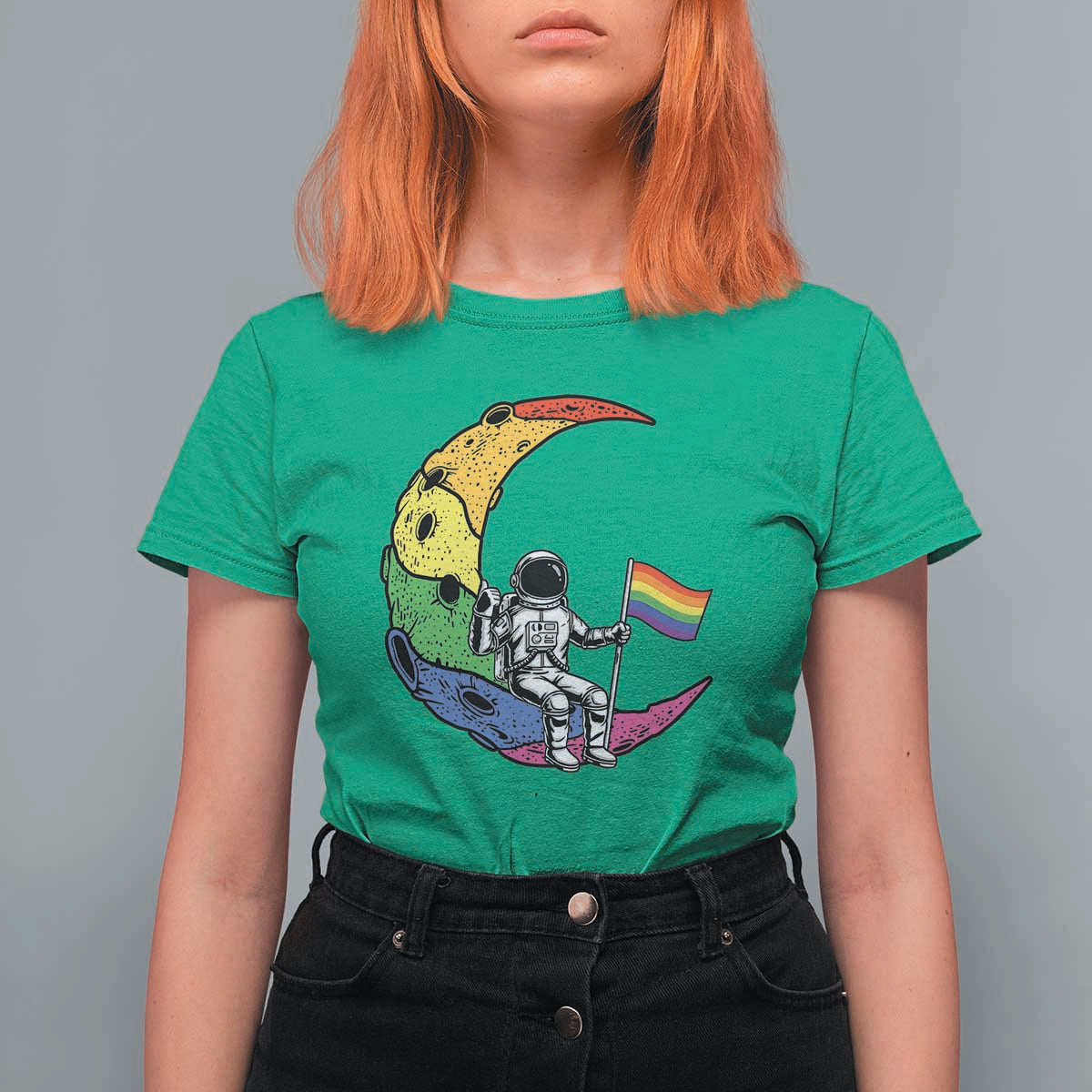 Rainbow Astronaut On The Moon LGBT T Shirt For Women Spaceman Pride Month