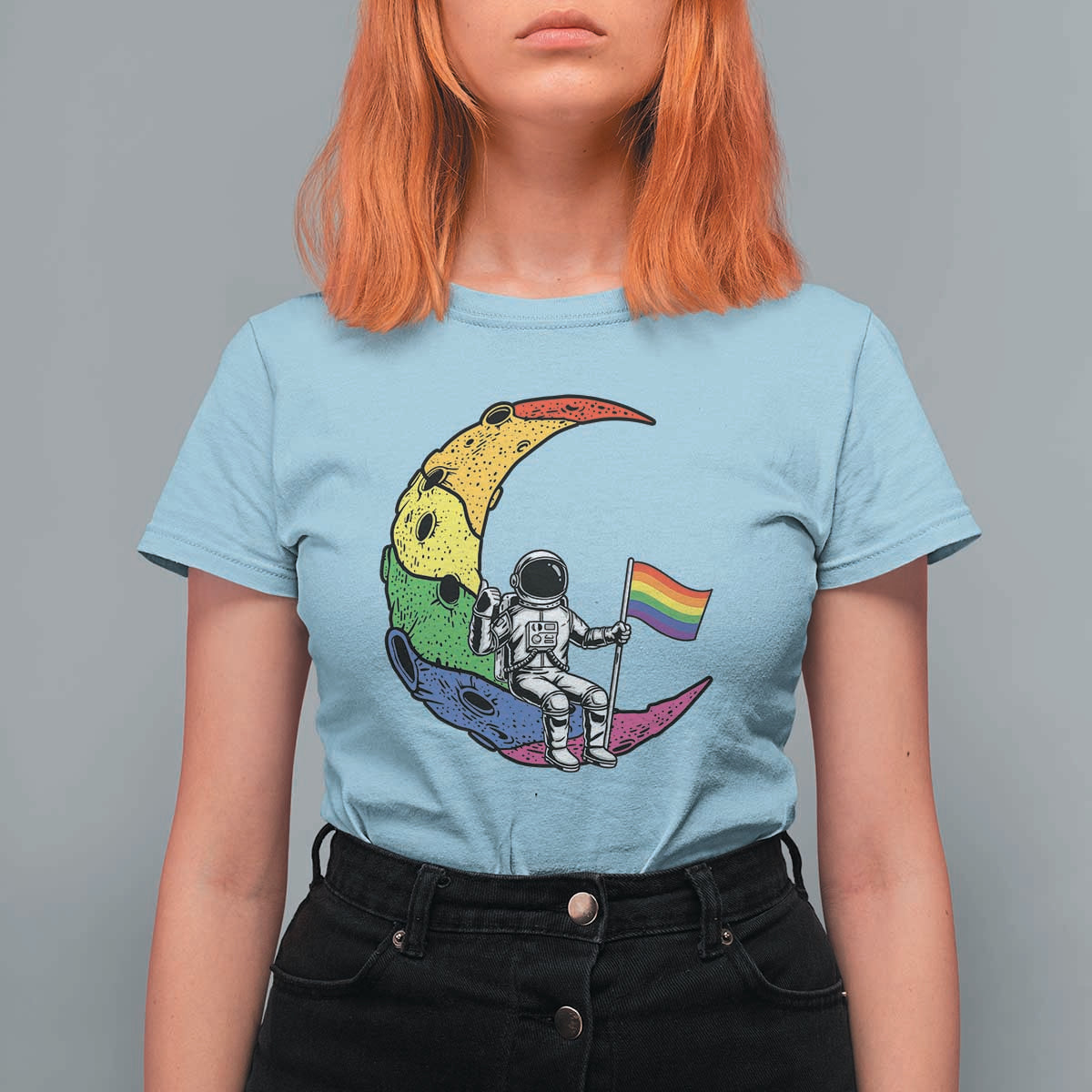 Rainbow Astronaut On The Moon LGBT T Shirt For Women Spaceman Pride Month
