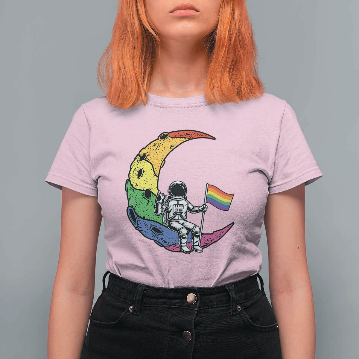Rainbow Astronaut On The Moon LGBT T Shirt For Women Spaceman Pride Month