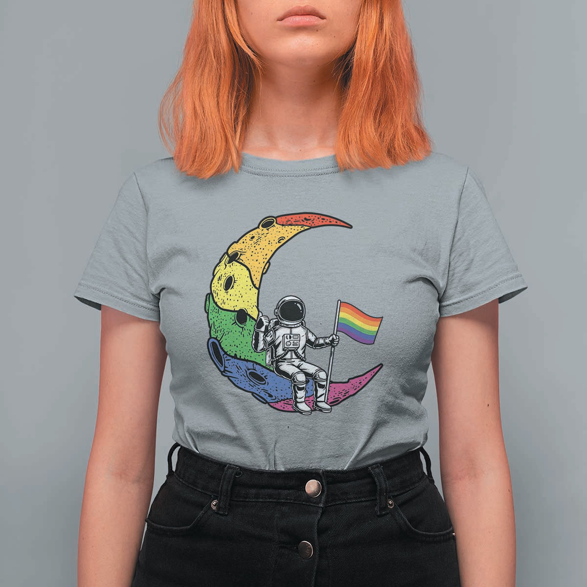 Rainbow Astronaut On The Moon LGBT T Shirt For Women Spaceman Pride Month