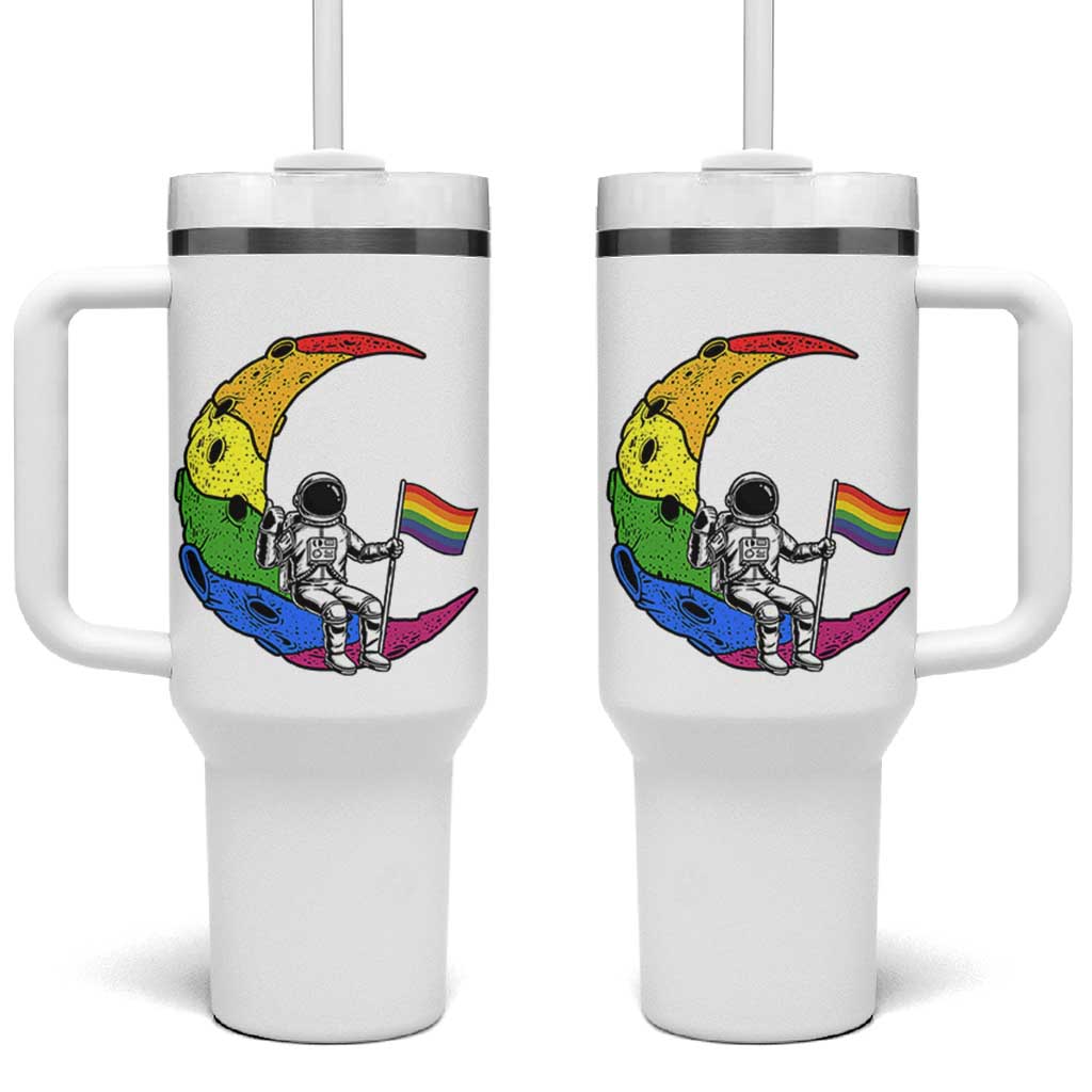 Rainbow Astronaut On The Moon LGBT Tumbler With Handle Spaceman Pride Month