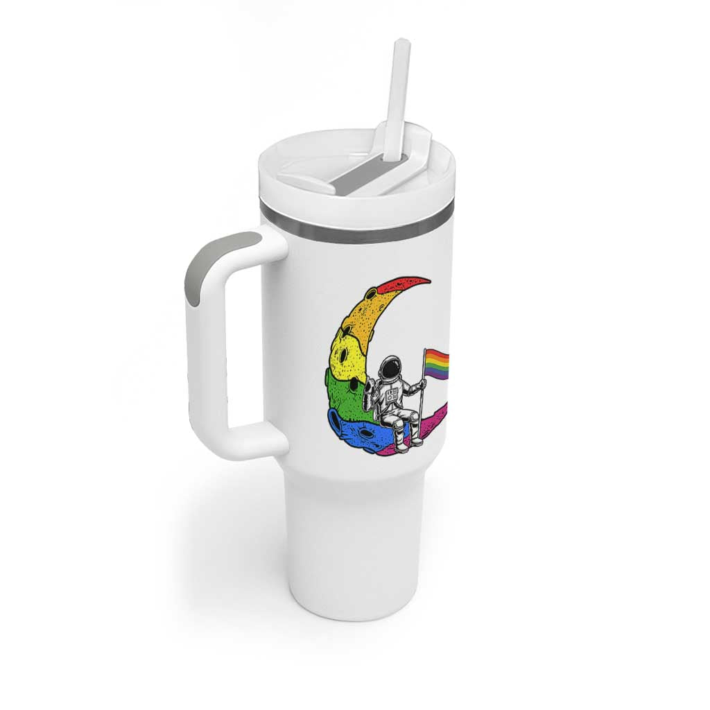 Rainbow Astronaut On The Moon LGBT Tumbler With Handle Spaceman Pride Month