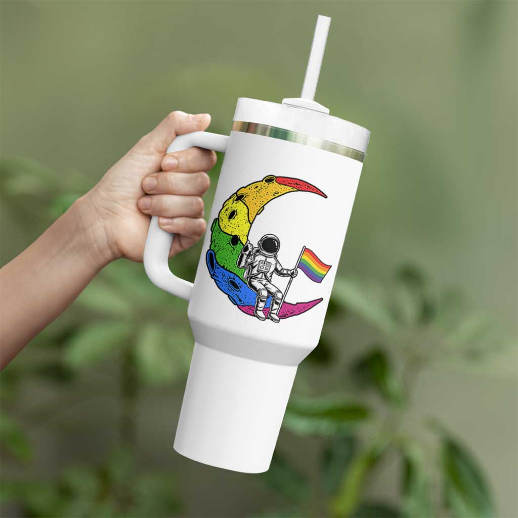 Rainbow Astronaut On The Moon LGBT Tumbler With Handle Spaceman Pride Month