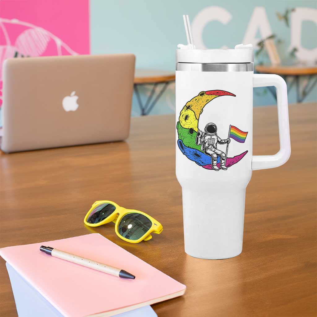 Rainbow Astronaut On The Moon LGBT Tumbler With Handle Spaceman Pride Month