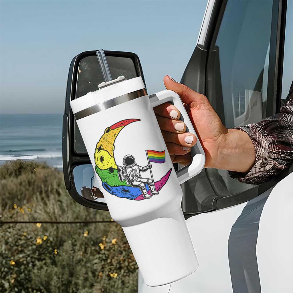 Rainbow Astronaut On The Moon LGBT Tumbler With Handle Spaceman Pride Month