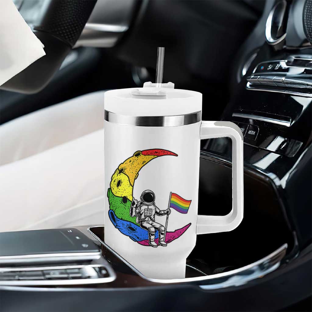 Rainbow Astronaut On The Moon LGBT Tumbler With Handle Spaceman Pride Month