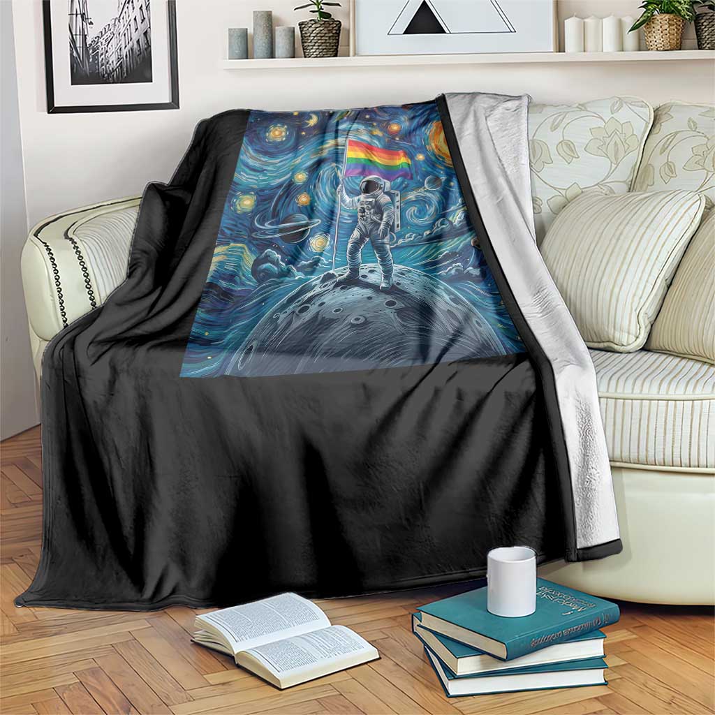 LGBTQ Rainbow Moon Astronaut Throw Blanket Starry Night Graphic