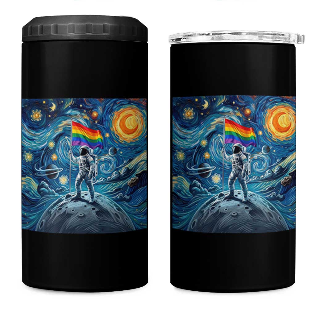 LGBTQ Rainbow Moon Astronaut 4 in 1 Can Cooler Tumbler Starry Night Graphic