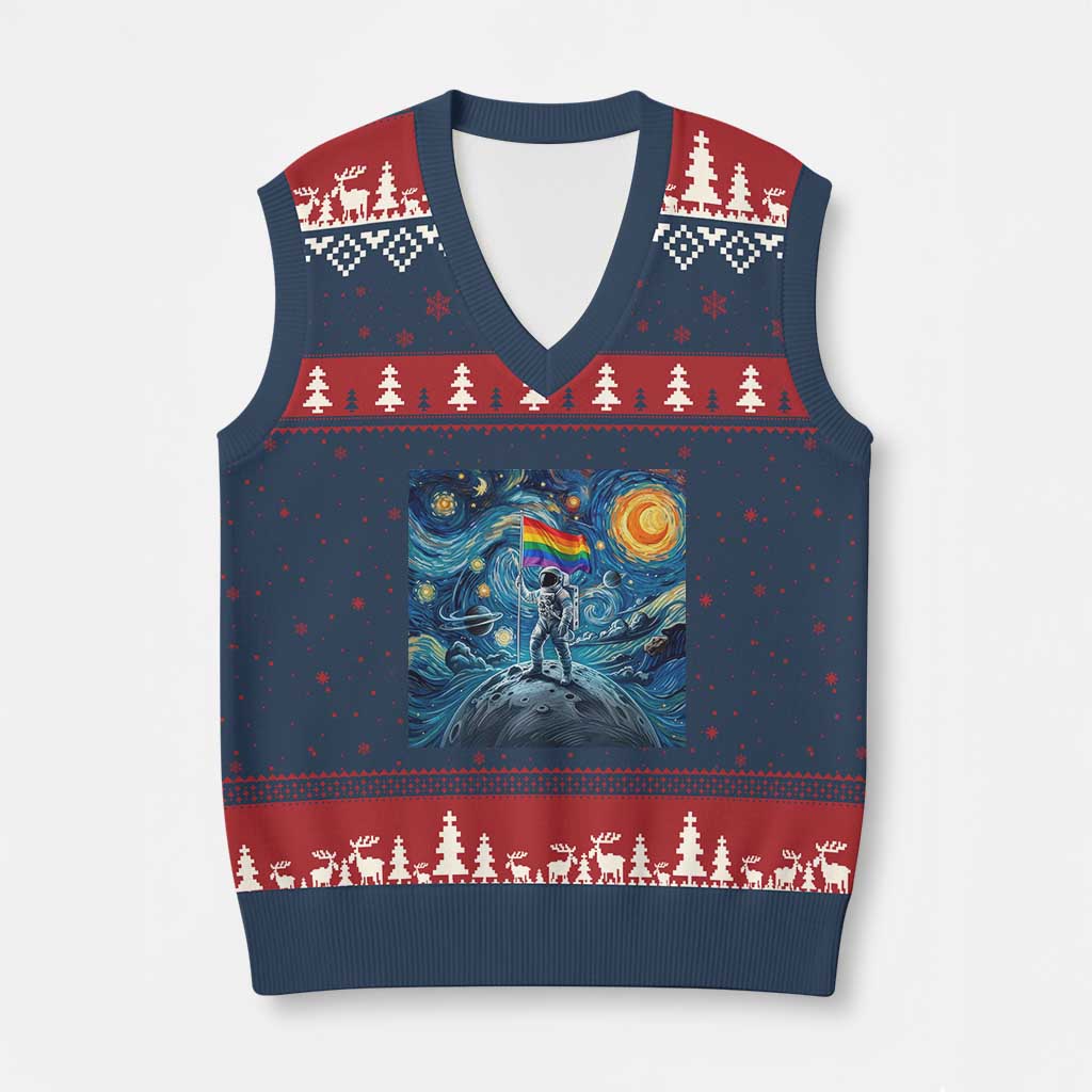 LGBTQ Rainbow Moon Astronaut V-Neck Knit Sweater Vest Starry Night Graphic