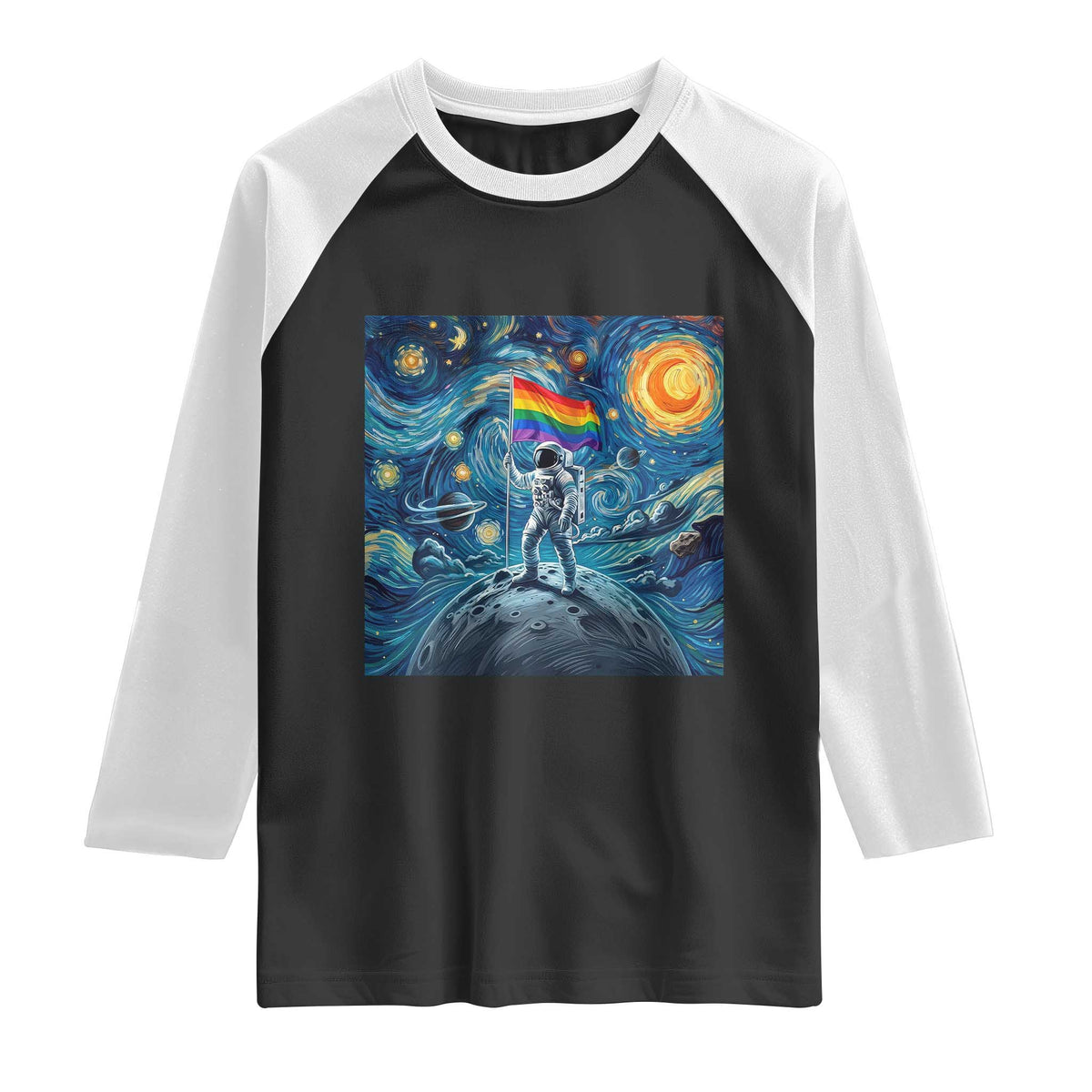 LGBTQ Rainbow Moon Astronaut Raglan Shirt Starry Night Graphic