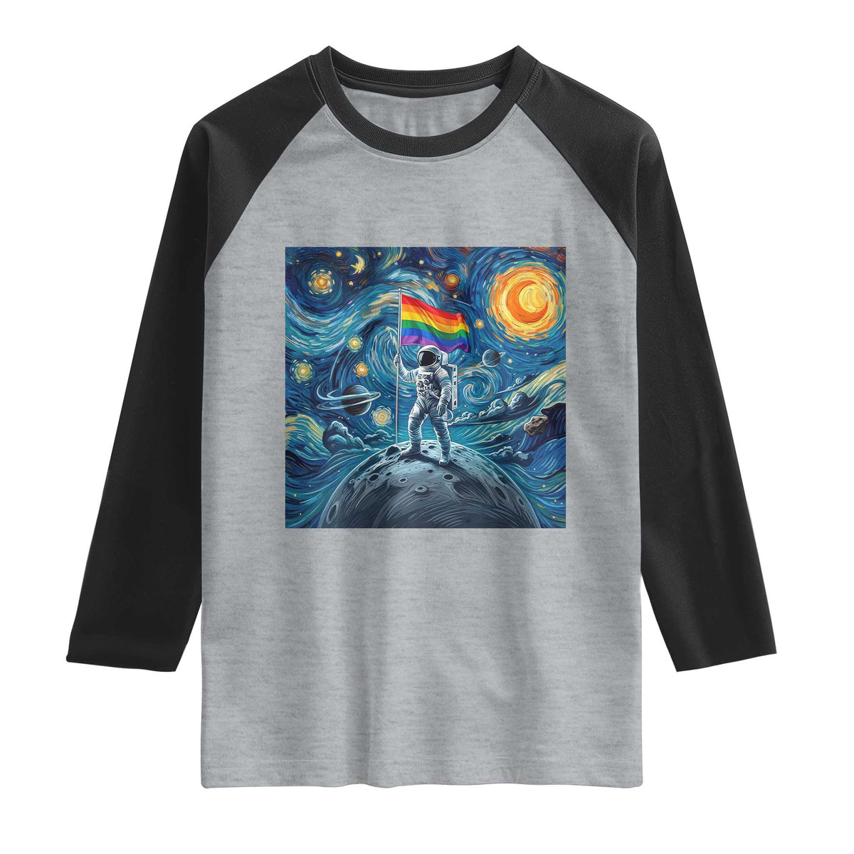 LGBTQ Rainbow Moon Astronaut Raglan Shirt Starry Night Graphic