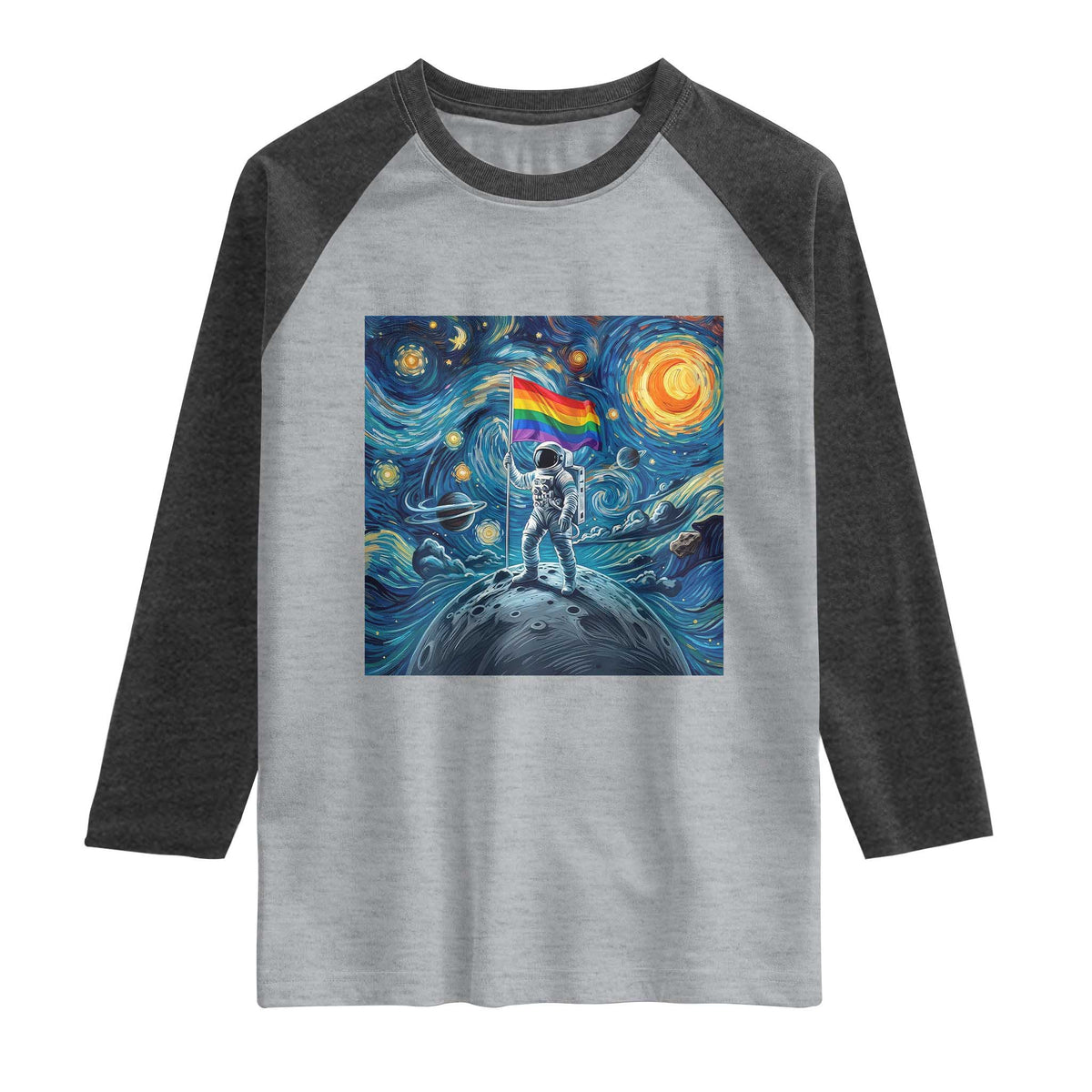 LGBTQ Rainbow Moon Astronaut Raglan Shirt Starry Night Graphic