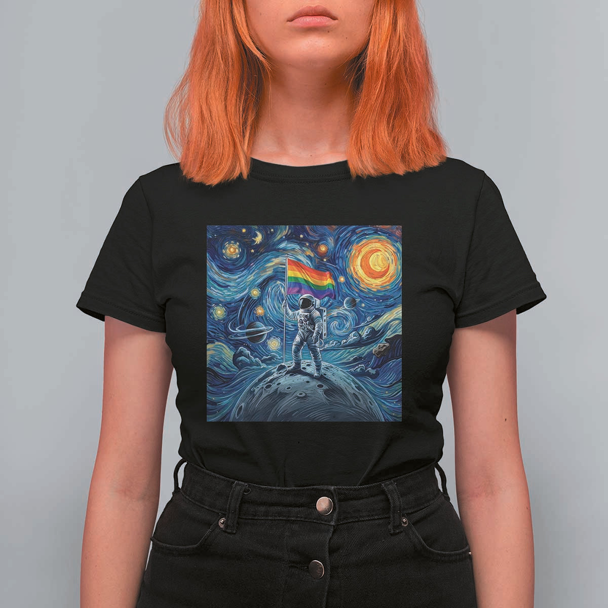 LGBTQ Rainbow Moon Astronaut T Shirt For Women Starry Night Graphic