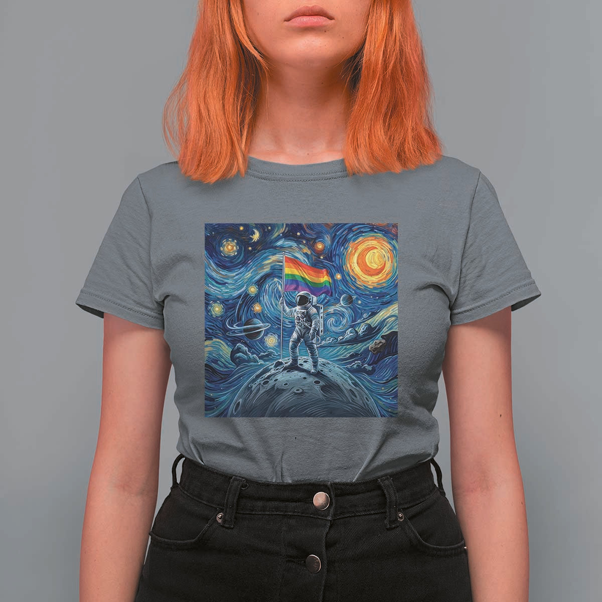 LGBTQ Rainbow Moon Astronaut T Shirt For Women Starry Night Graphic