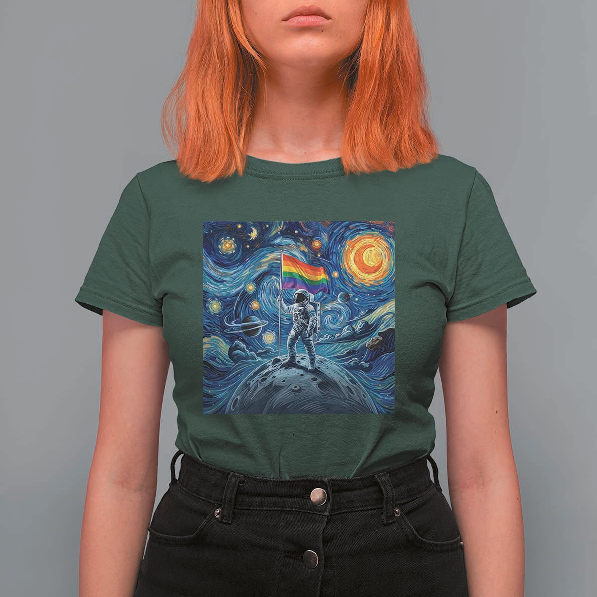 LGBTQ Rainbow Moon Astronaut T Shirt For Women Starry Night Graphic