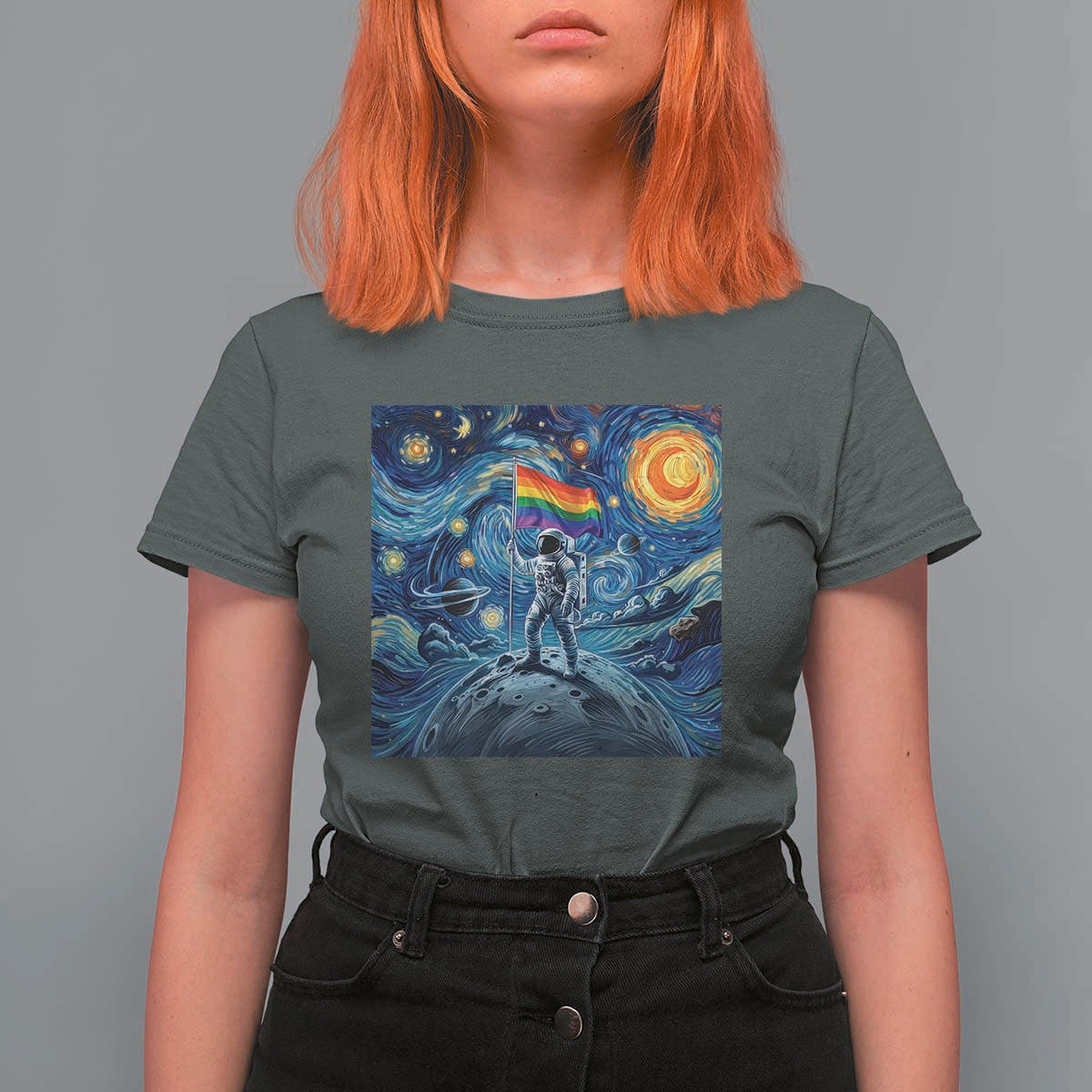 LGBTQ Rainbow Moon Astronaut T Shirt For Women Starry Night Graphic