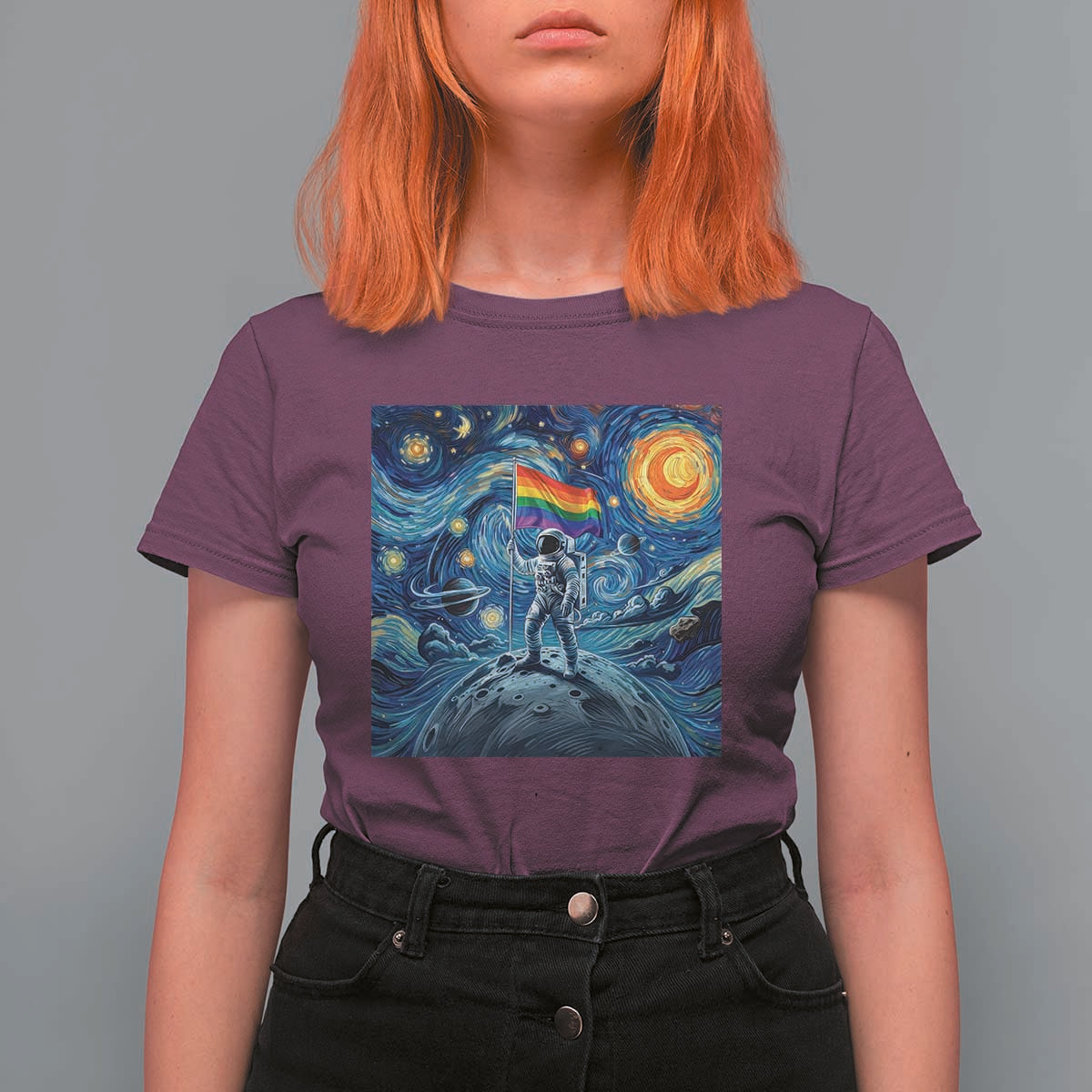 LGBTQ Rainbow Moon Astronaut T Shirt For Women Starry Night Graphic