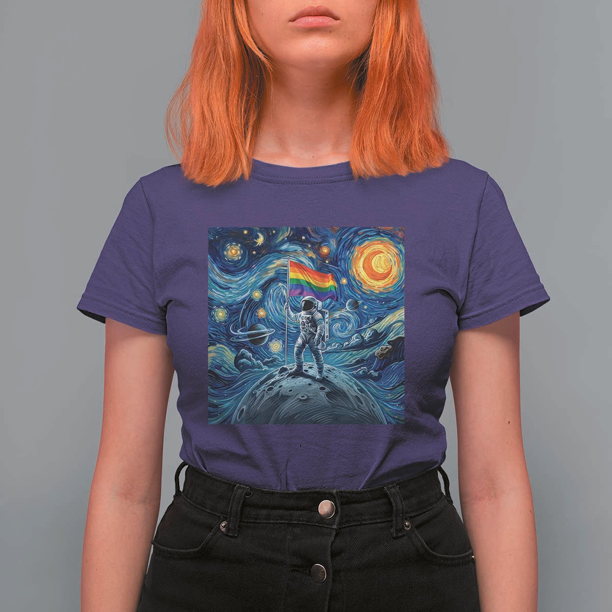 LGBTQ Rainbow Moon Astronaut T Shirt For Women Starry Night Graphic