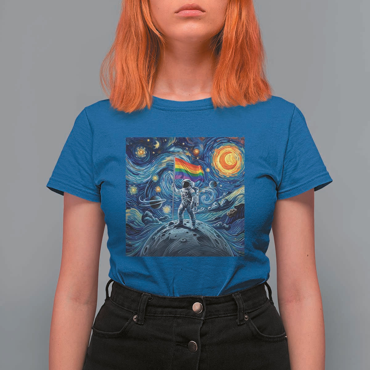 LGBTQ Rainbow Moon Astronaut T Shirt For Women Starry Night Graphic