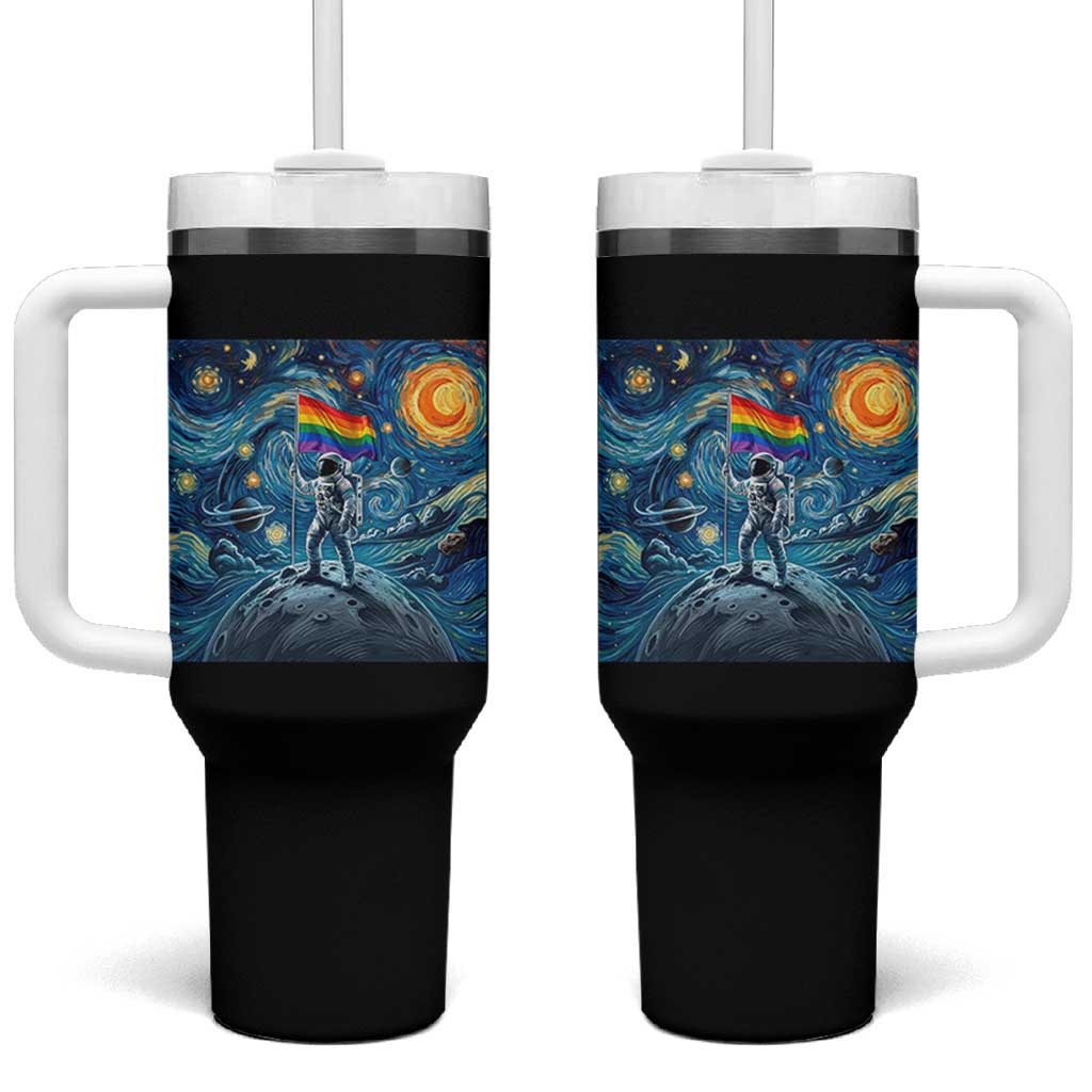 LGBTQ Rainbow Moon Astronaut Tumbler With Handle Starry Night Graphic