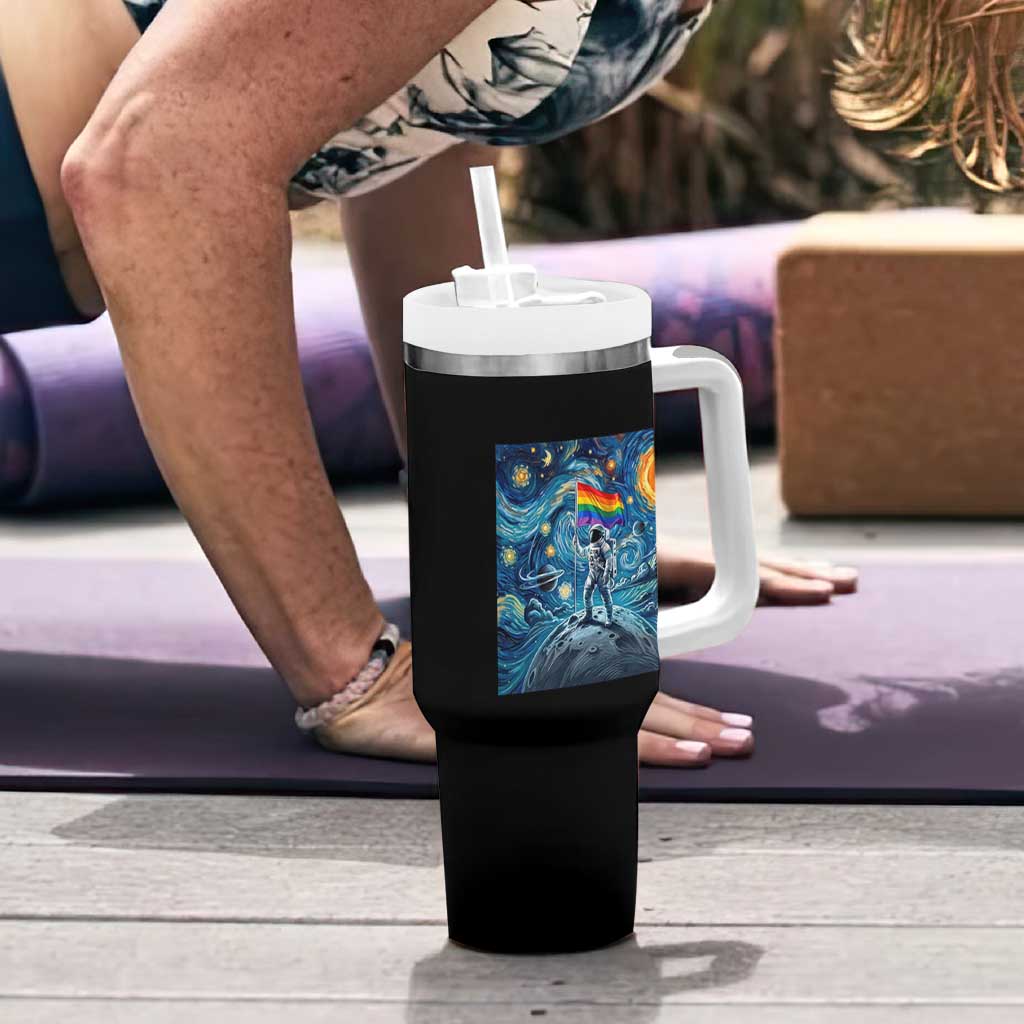 LGBTQ Rainbow Moon Astronaut Tumbler With Handle Starry Night Graphic