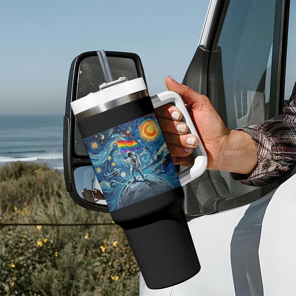 LGBTQ Rainbow Moon Astronaut Tumbler With Handle Starry Night Graphic