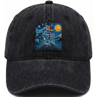 LGBTQ Rainbow Moon Astronaut Washed Cotton Baseball Cap Starry Night Graphic