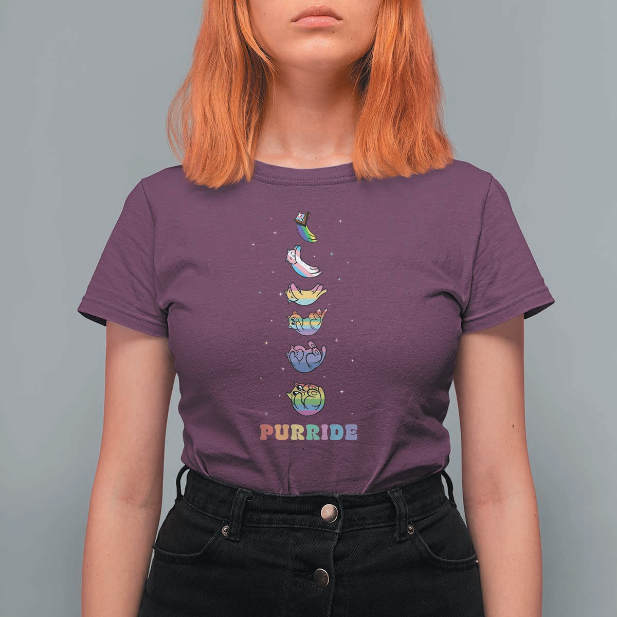 Purride Rainbow Cat Moon Cycles T Shirt For Women LGBQT Pride Feline Space