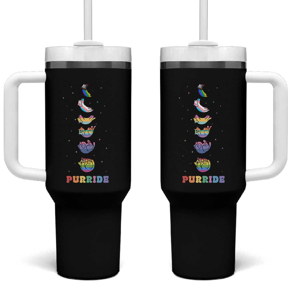 Purride Rainbow Cat Moon Cycles Tumbler With Handle LGBQT Pride Feline Space