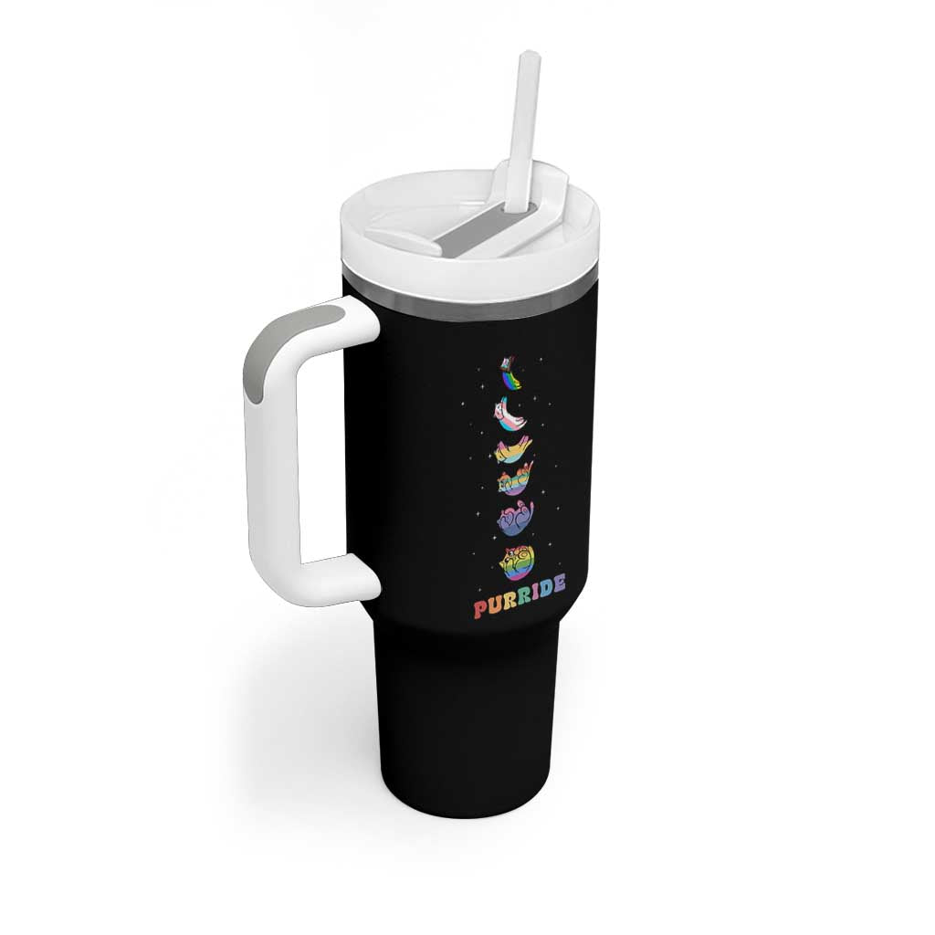 Purride Rainbow Cat Moon Cycles Tumbler With Handle LGBQT Pride Feline Space