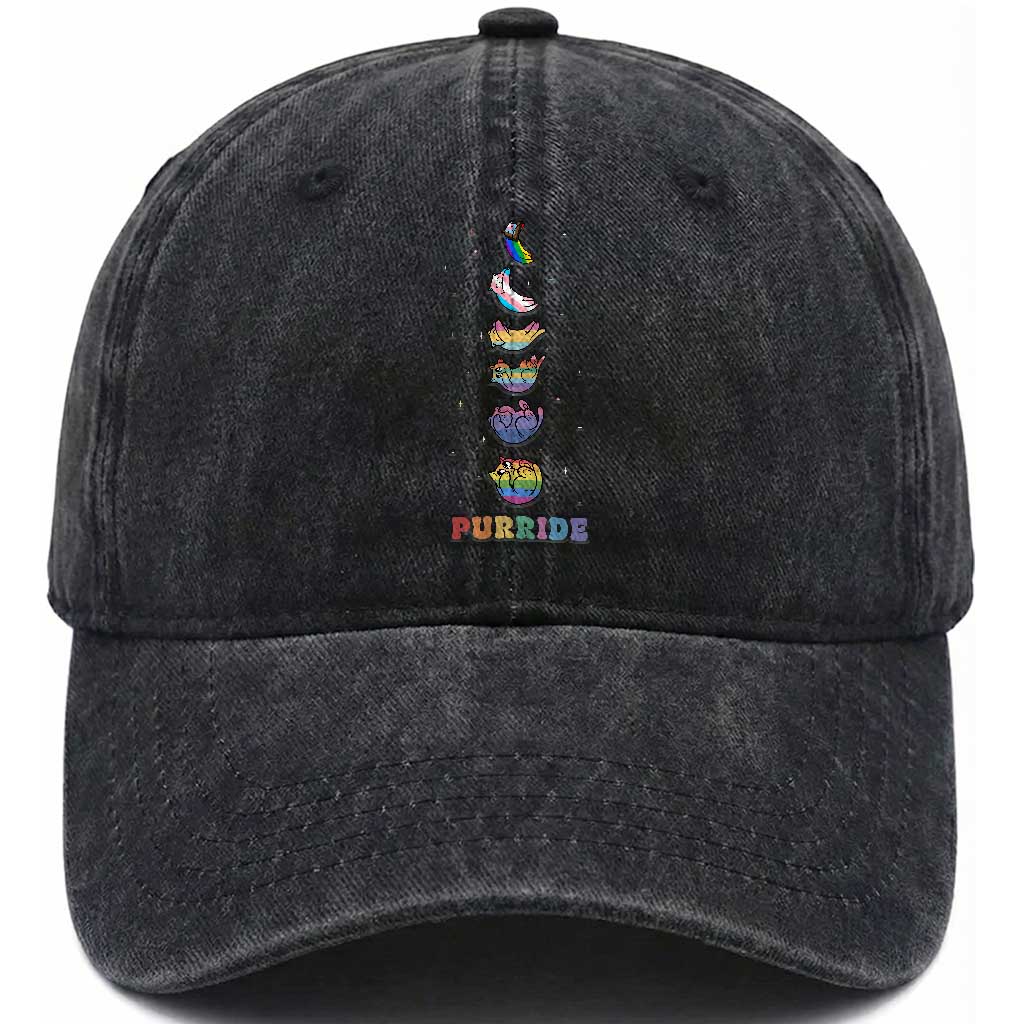 Purride Rainbow Cat Moon Cycles Washed Cotton Baseball Cap LGBQT Pride Feline Space