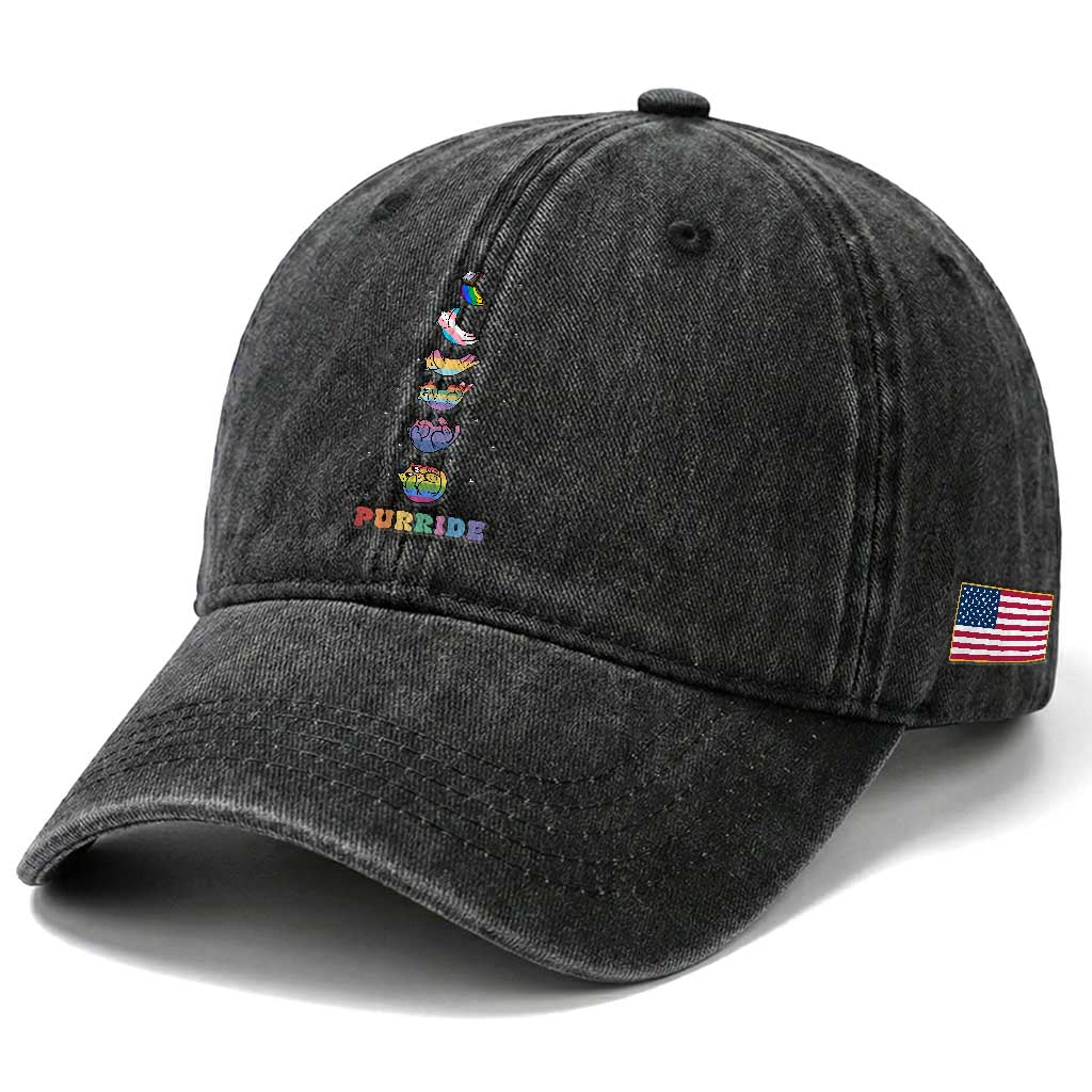 Purride Rainbow Cat Moon Cycles Washed Cotton Baseball Cap LGBQT Pride Feline Space