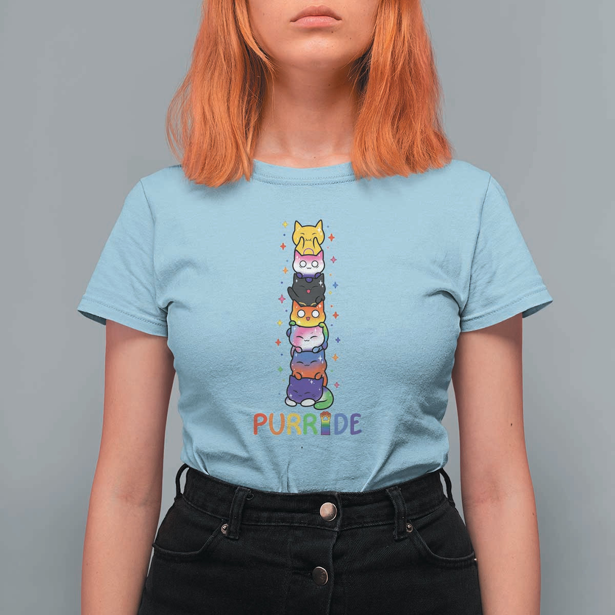 Funny Purride Stacked Cats Pride T Shirt For Women Cute LGBTQ Cat Lover