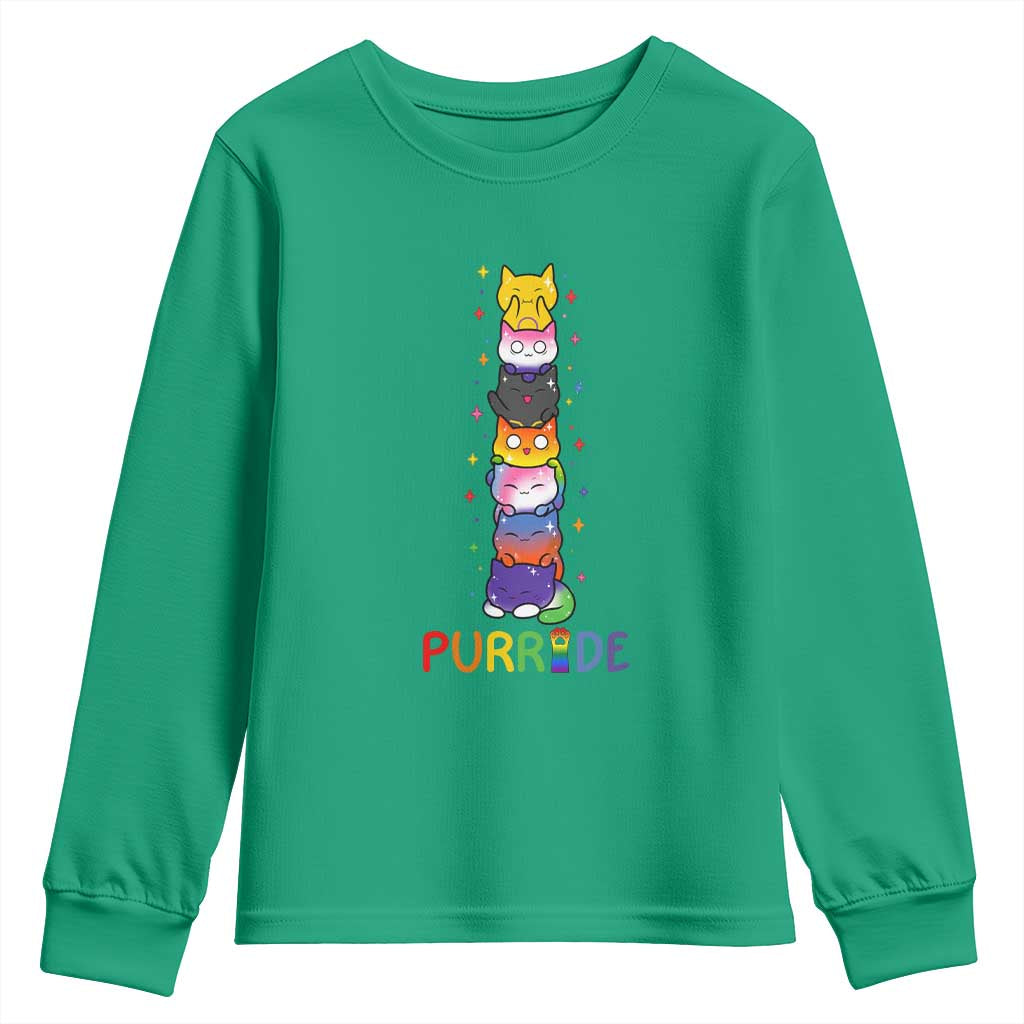 Funny Purride Stacked Cats Pride Youth Sweatshirt Cute LGBTQ Cat Lover