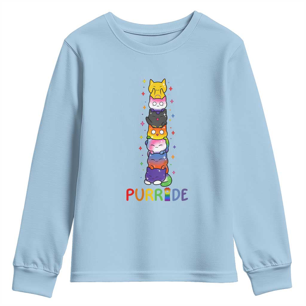 Funny Purride Stacked Cats Pride Youth Sweatshirt Cute LGBTQ Cat Lover