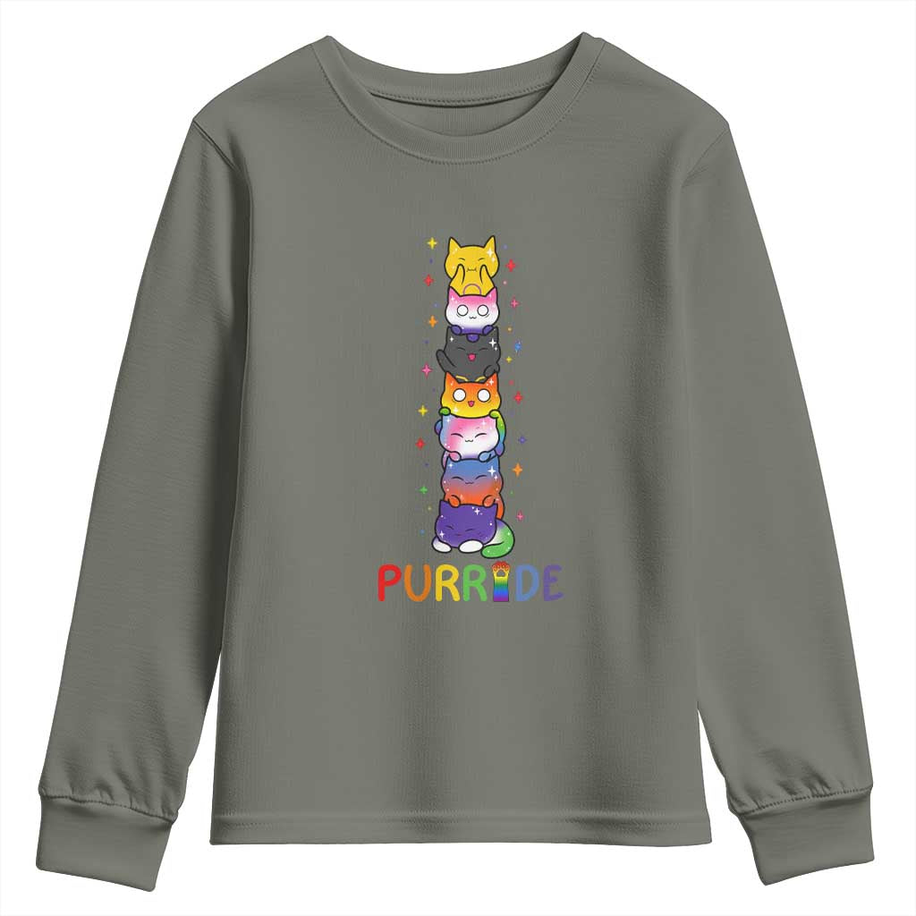 Funny Purride Stacked Cats Pride Youth Sweatshirt Cute LGBTQ Cat Lover