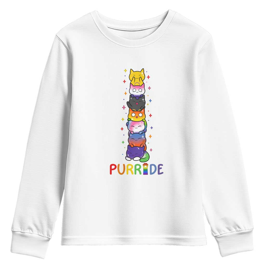 Funny Purride Stacked Cats Pride Youth Sweatshirt Cute LGBTQ Cat Lover
