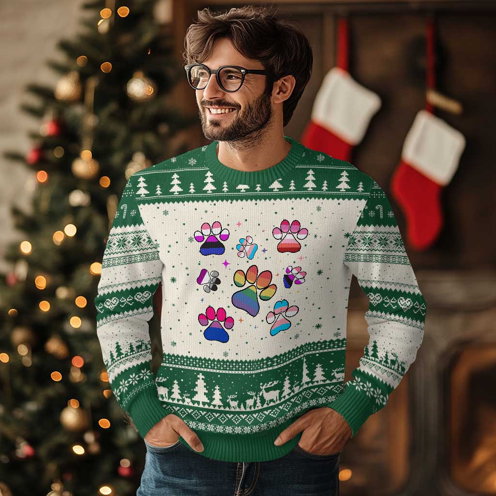 Funny Rainbow Paw Print Pride Ugly Christmas Sweater LGBTQ Pet Lover