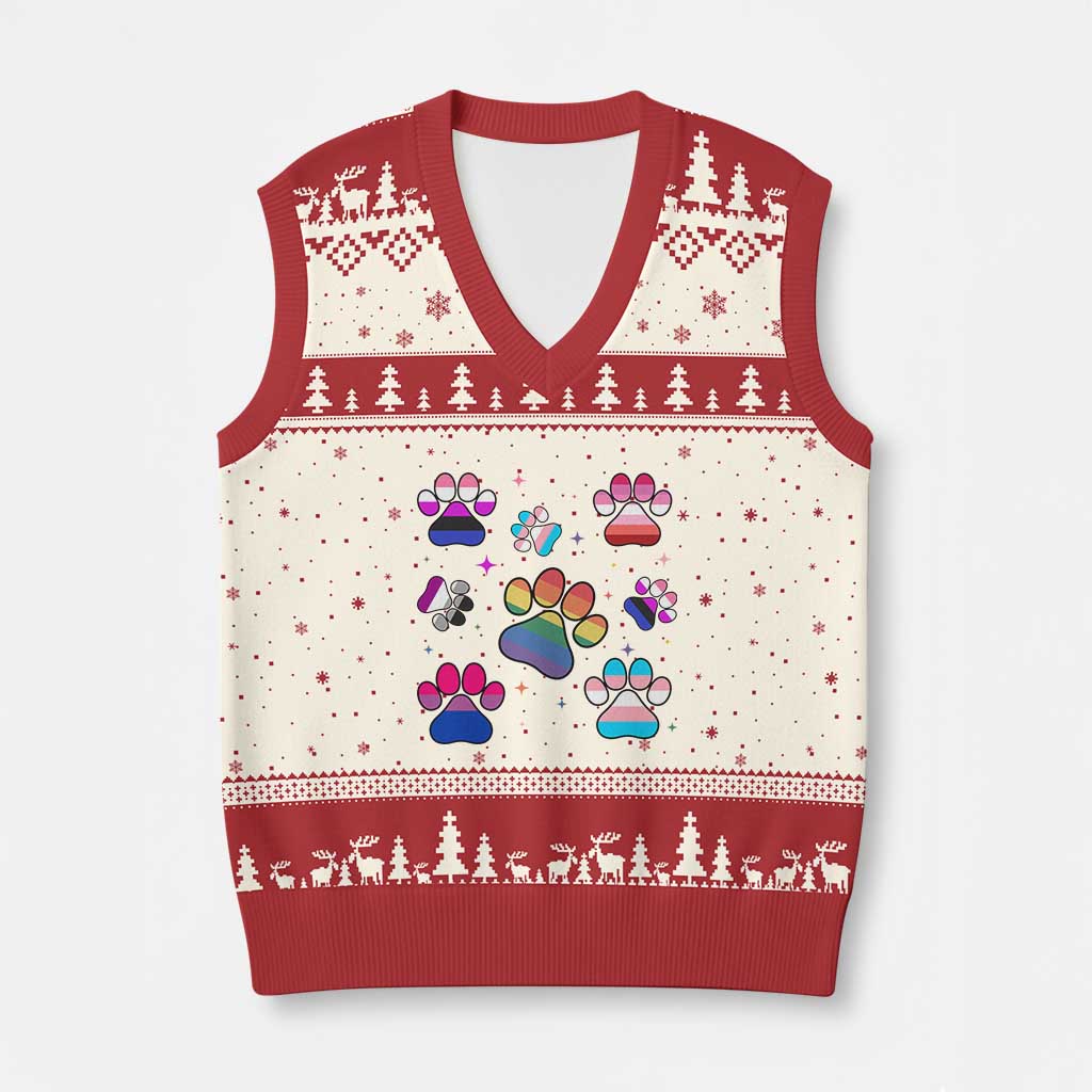 Funny Rainbow Paw Print Pride V-Neck Knit Sweater Vest LGBTQ Pet Lover