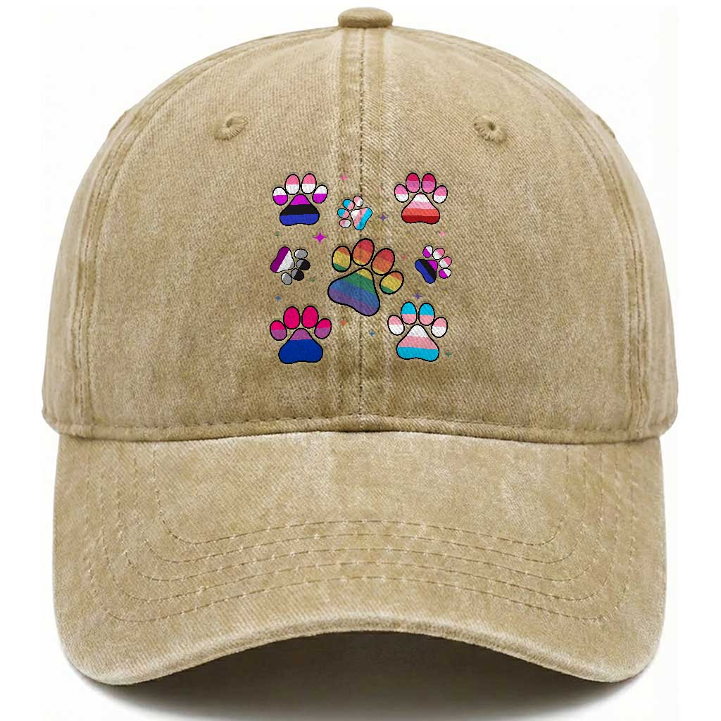 Funny Rainbow Paw Print Pride Washed Cotton Baseball Cap LGBTQ Pet Lover
