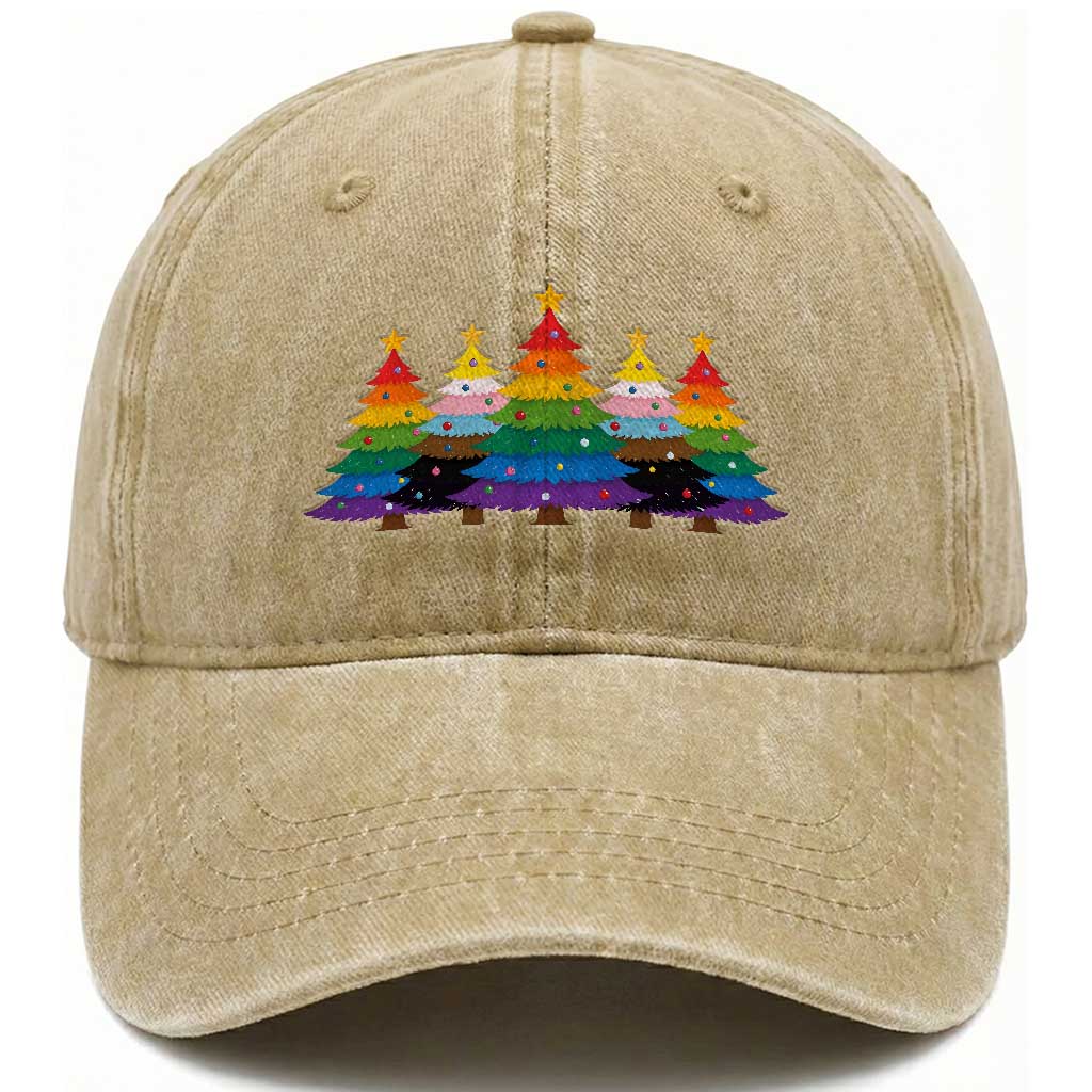 Christmas Rainbow Tree LGBTQ Support Washed Cotton Baseball Cap Holiday Pride Gift