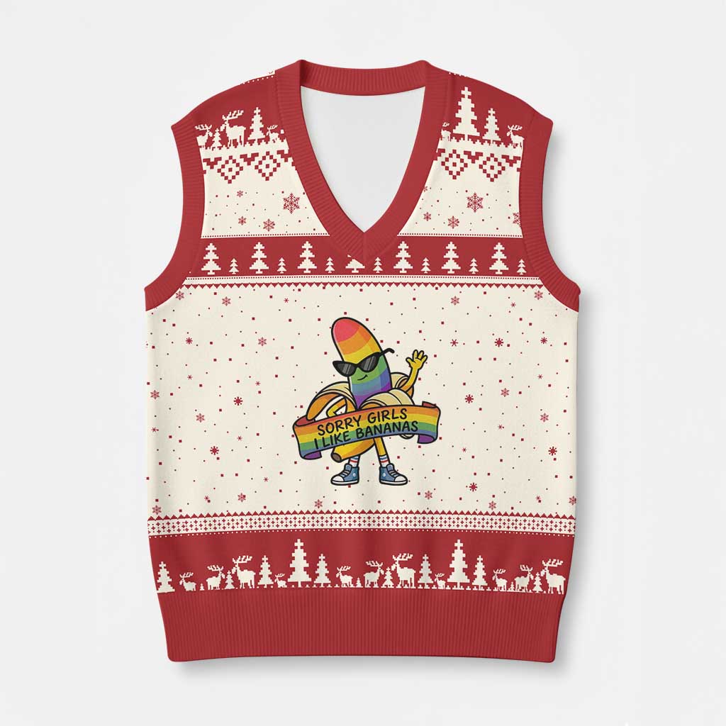 Sorry Girls I Like Bananas V-Neck Knit Sweater Vest Funny LGBTQ Graphic