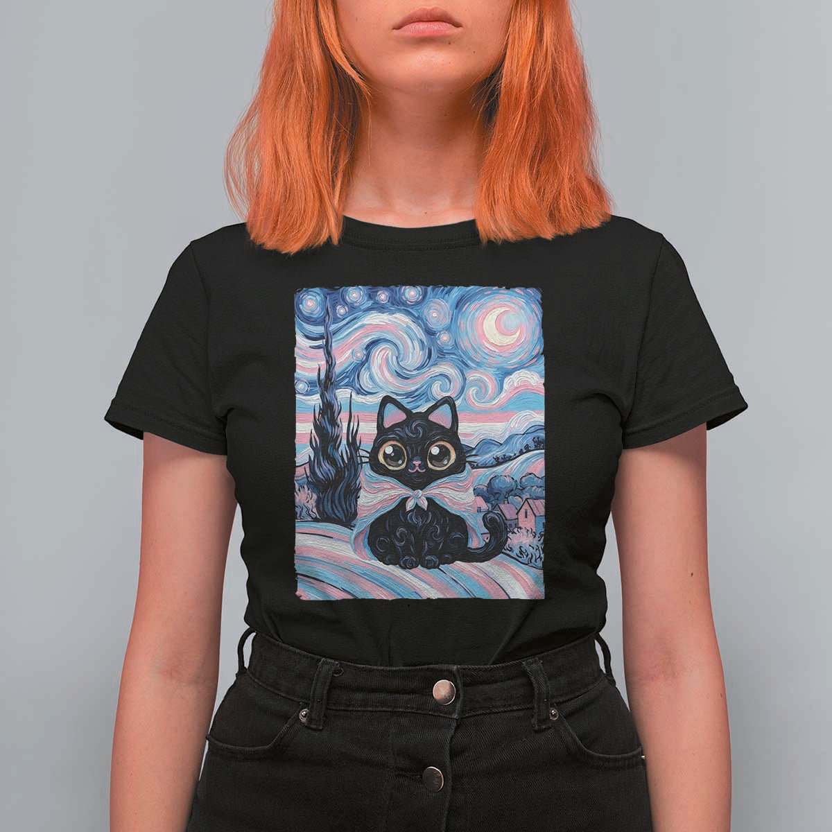 Funny Transgender Cat Starry Night T Shirt For Women LGBTQ Pride Support Gift