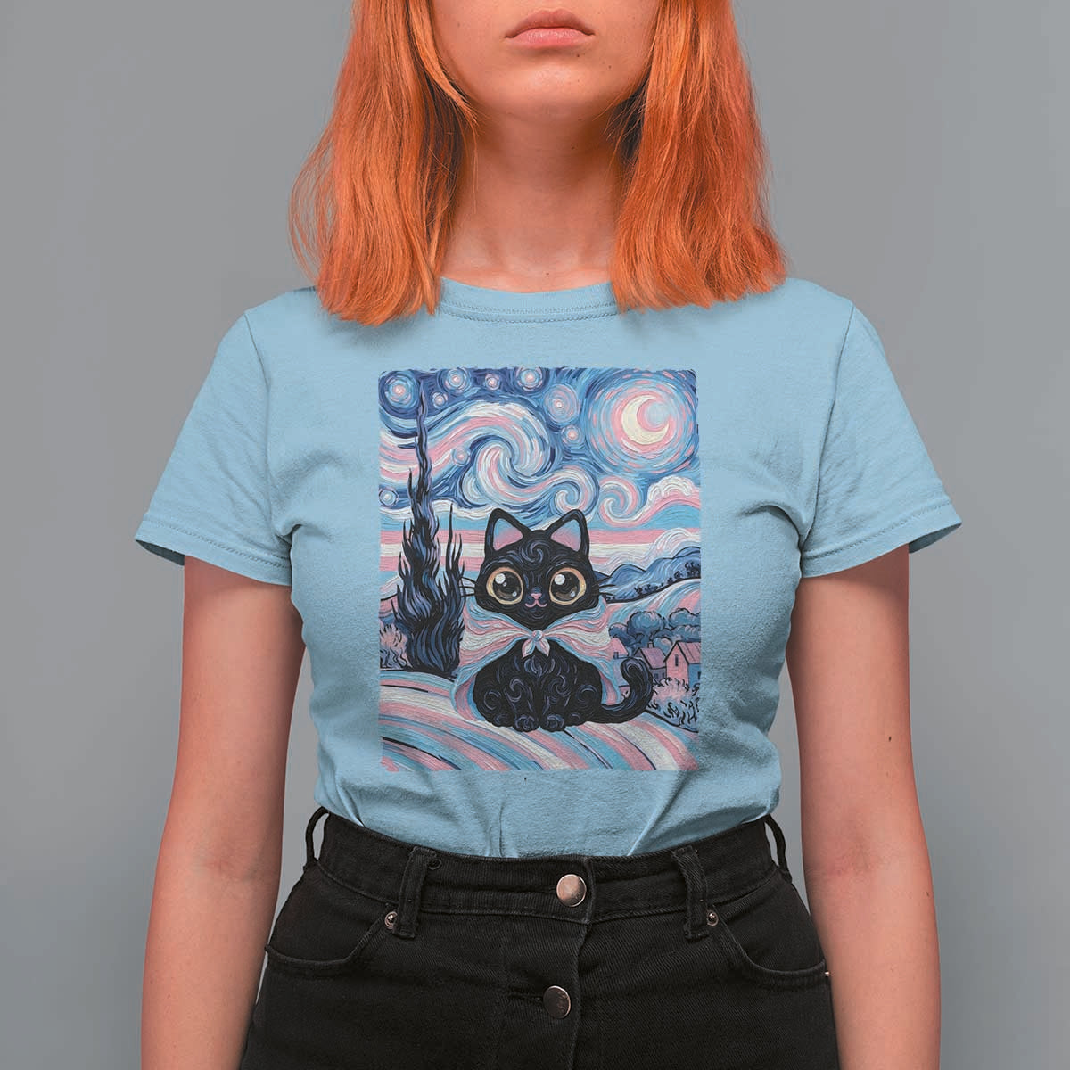 Funny Transgender Cat Starry Night T Shirt For Women LGBTQ Pride Support Gift