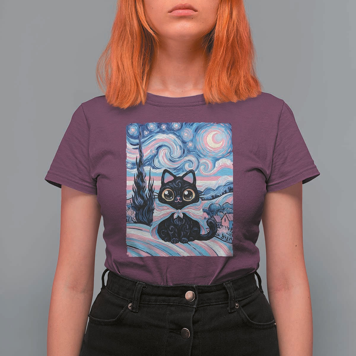 Funny Transgender Cat Starry Night T Shirt For Women LGBTQ Pride Support Gift