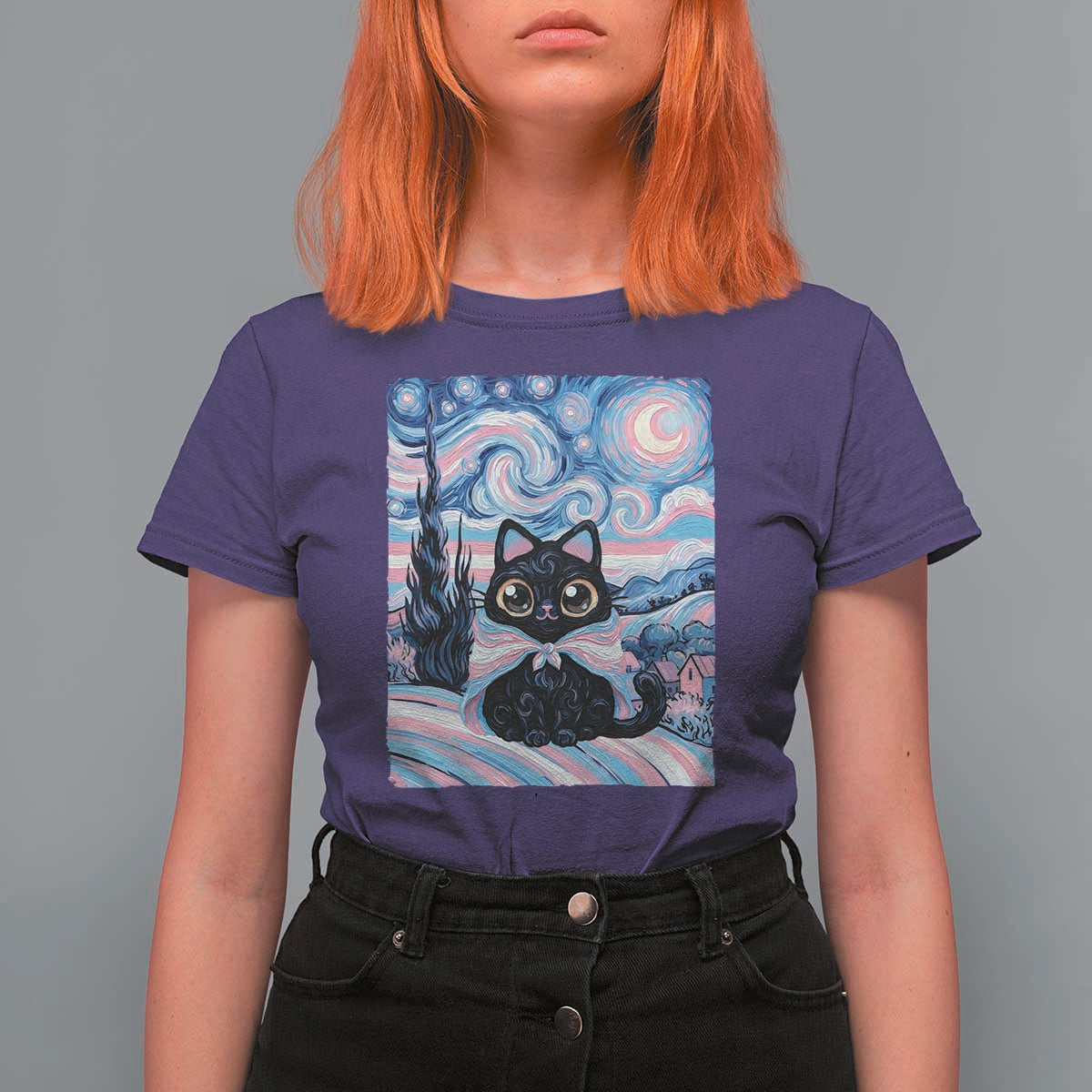 Funny Transgender Cat Starry Night T Shirt For Women LGBTQ Pride Support Gift