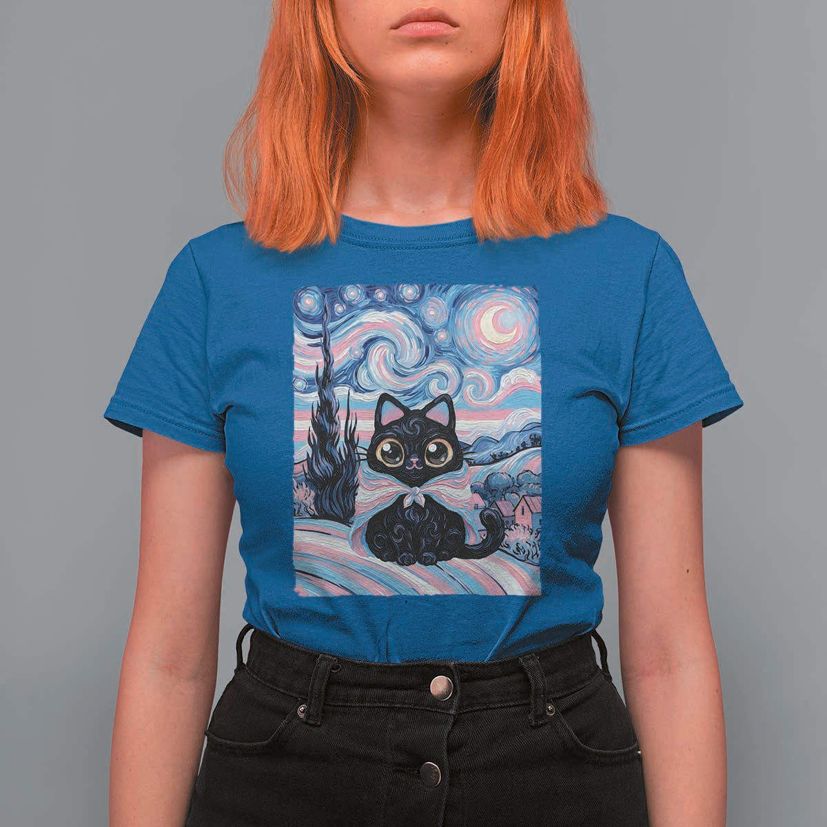 Funny Transgender Cat Starry Night T Shirt For Women LGBTQ Pride Support Gift