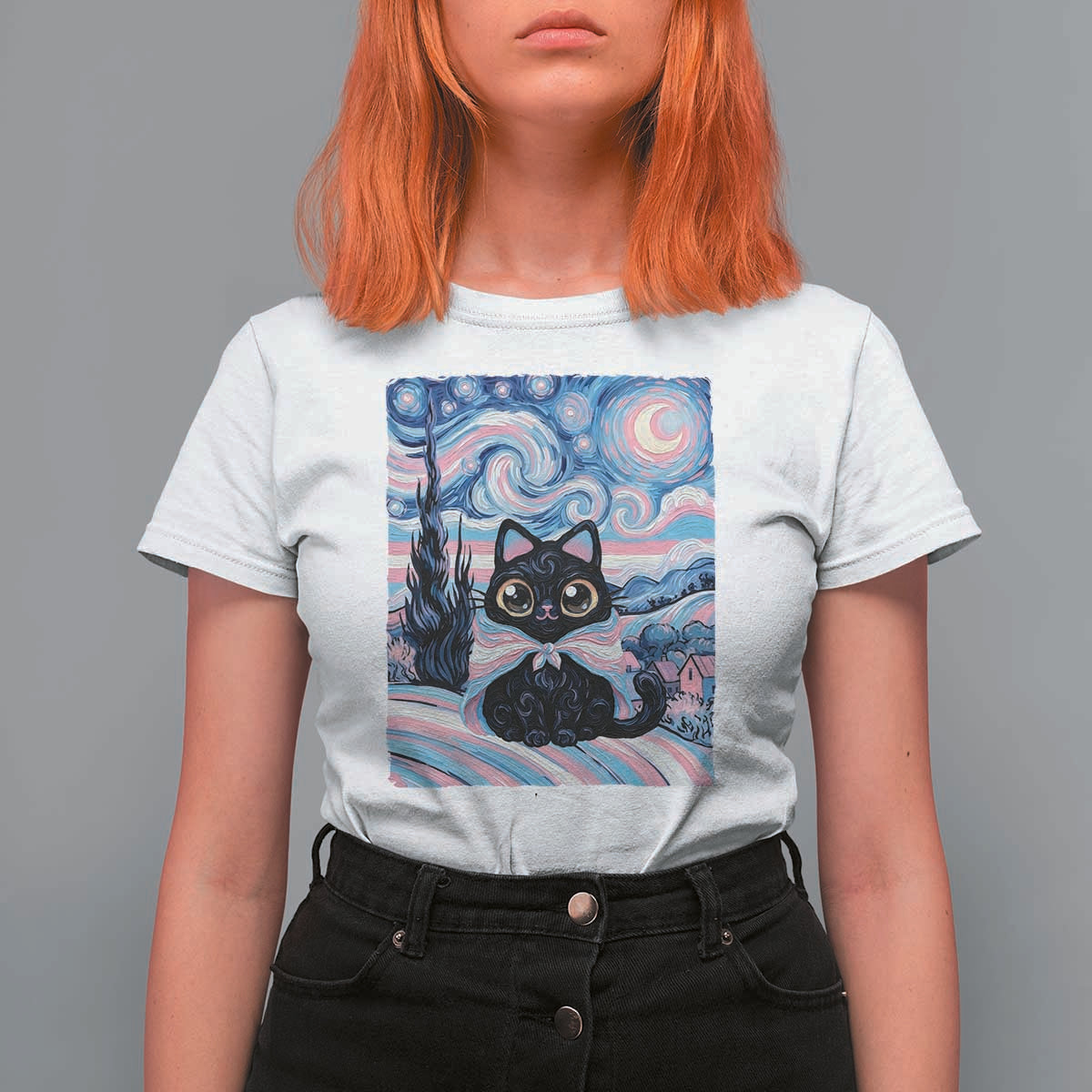 Funny Transgender Cat Starry Night T Shirt For Women LGBTQ Pride Support Gift