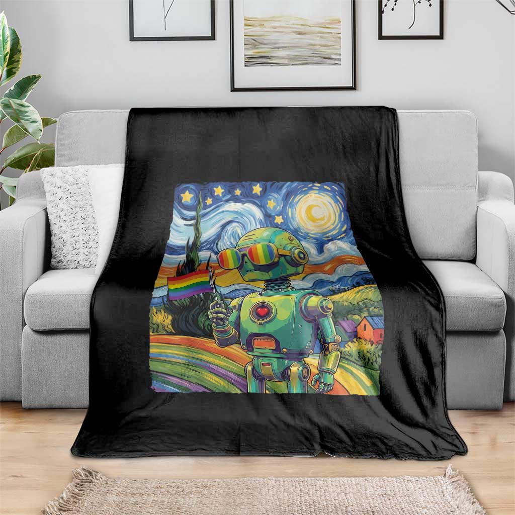 Funny Rainbow Starry Night Robot Pride Throw Blanket LGBTQ Geeky Gift